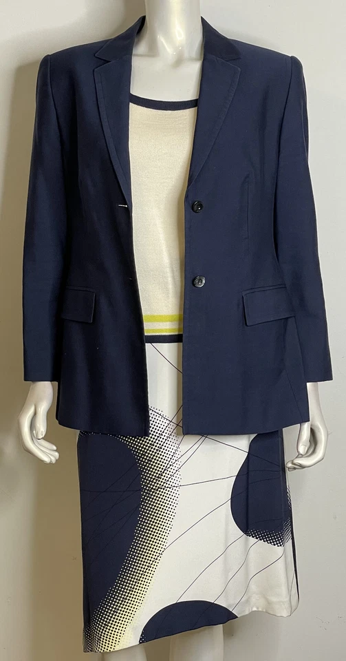 Louis Feraud Conjunto de Traje Azul Marino Blanco Verde Lima 3 Piezas EE. UU. 10 12 Lana Seda Foto 2 de 4