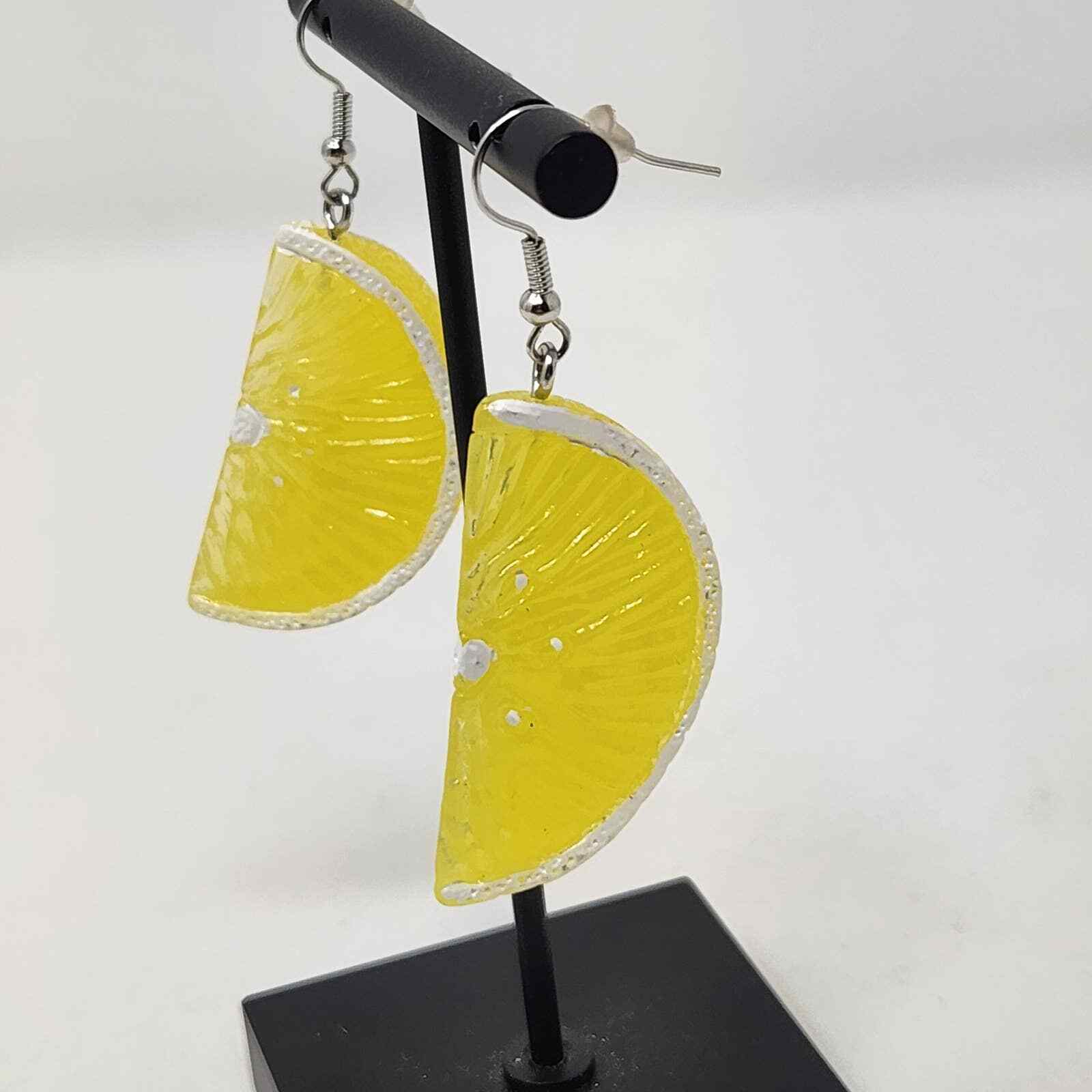 Yellow White Lemon Slice Dangle Drop Hook Earring… - image 2