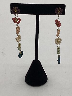 Multi-Color Beaded  Flower Dangles Gold Tone Linear Earrings 3.5  Pierced Retro