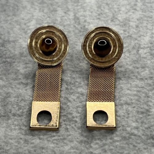 Vintage Gold Mesh Wrap Cufflinks Brown Stone Tigers Eye - Picture 1 of 3