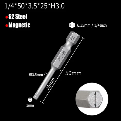 H0.9 to H14 Hexagon Magnetic Bit Socket Wrenches S2 Steel 1/4" for Hexagon Bolts - Picture 16 of 30