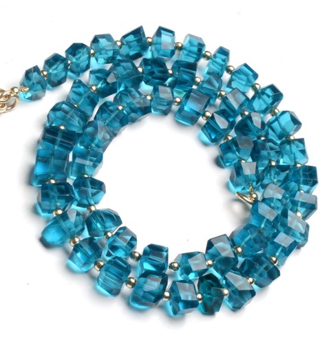 Neon Blue Apatite Color Quartz 7 to 8mm Size Faceted Nugget Beads 16.5" Necklace - Picture 4 of 5