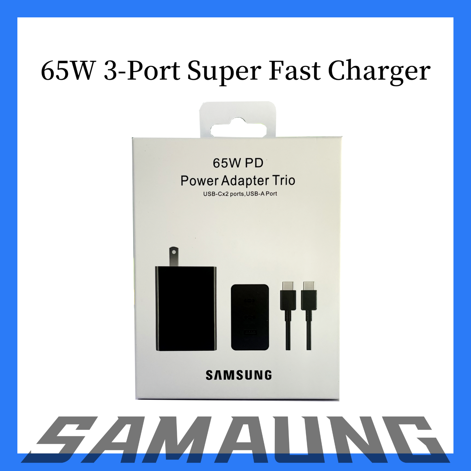 Samsung 65W Ultra Fast PD3 Trio Wall Charger with USB-C Cable for Quick Charging