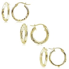 Gold Flash Sterling Silver Diamond-Cut Design 15mm Round Hoop Earrings, Set of 3