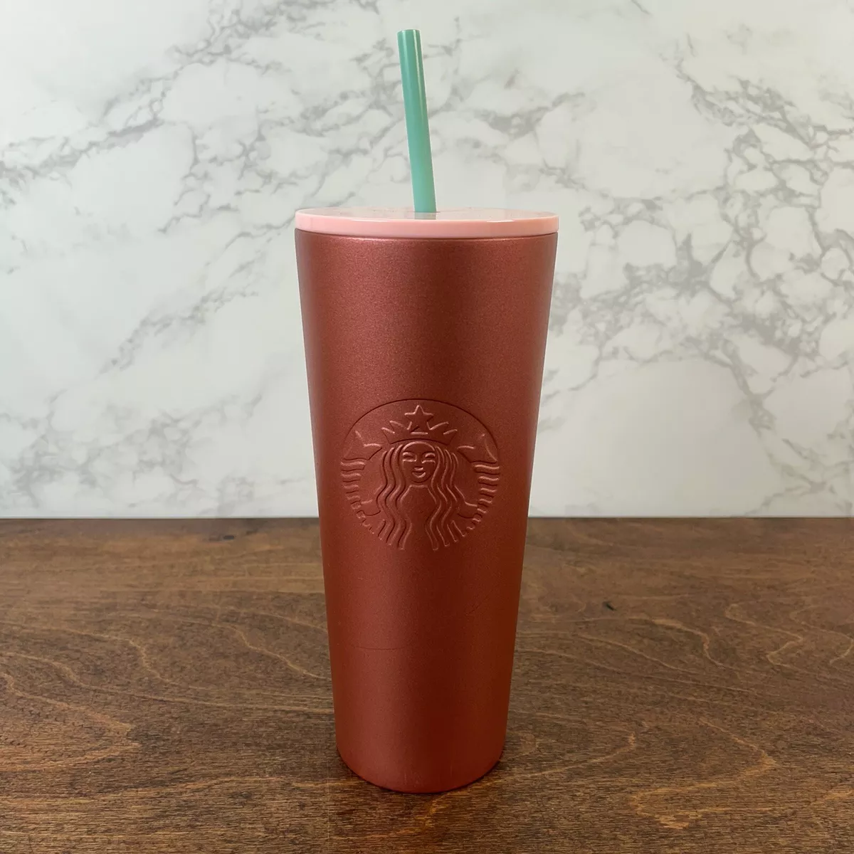 STARBUCKS Rose Gold Pink Glitter Stainless Steel Tumbler Cold Cup Green  Straw