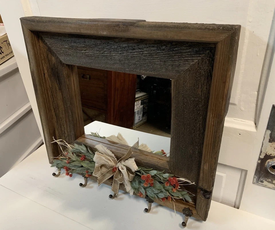 Entryway Barn Wood Mirror with hooks, Bow & Floral Arrangement.  17” X 16”. - Image 2 of 4