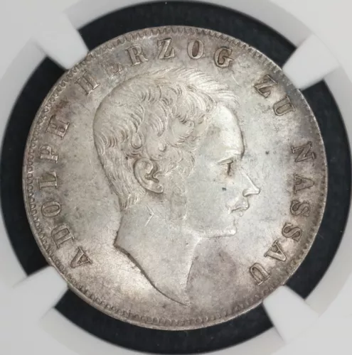 1855 GERMANY NASSAU, BUST RIGHT GULDEN NGC AU 58 Dr. Max Blaschegg Coll