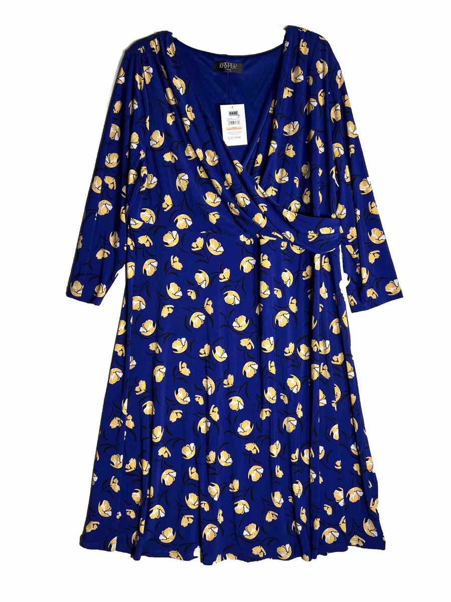 kasper casual dresses Kasper Women's V-Neck City Wrap Knee Length Dress, Regular and Plus Size - Royal Signature/Gold Signature