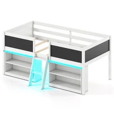 Low Loft Bed Twin Size Wooden Bed Frame Kid’s Cabin Bed with Bookcases White