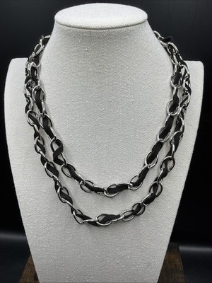 Barse Chic & Unique Black Leather Chain Necklace- Silver- NWT