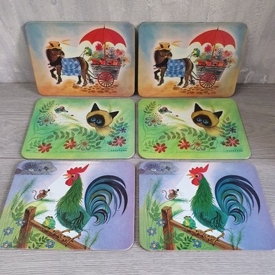 Vintage Tischsets Set x6 Katze Pferd Hahn Designs Korkrücken Retro Geschirr