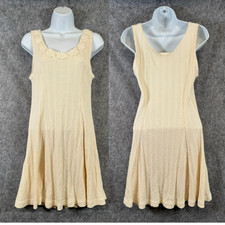 Vtg Crochet Mini Tank Knit Dress M Ivory Crochet Rosette Festival Cottagecore