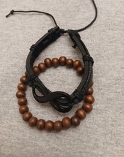Wood Bead And Faux Leather Bracelet Set No004