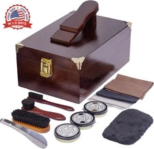 10 Pcs Deluxe Shoe Shine Box Set  Shoe Care Polish Kit with Foot Rest, Wooden C
