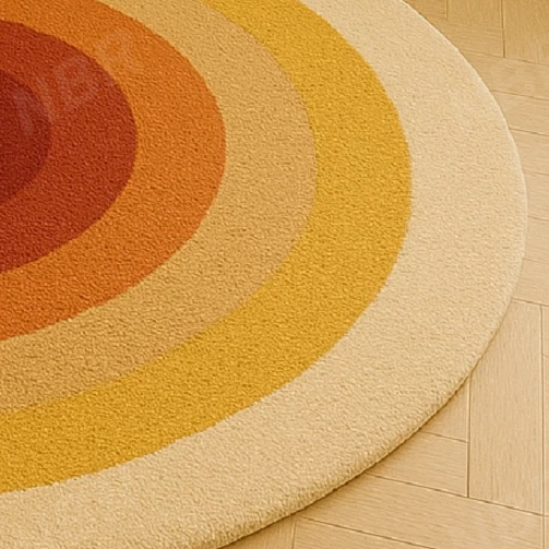 Modern Round Hand Tufted Wool Rug With Retro Sunburst Design Warm Yellow & Orang - Image 3 of 4