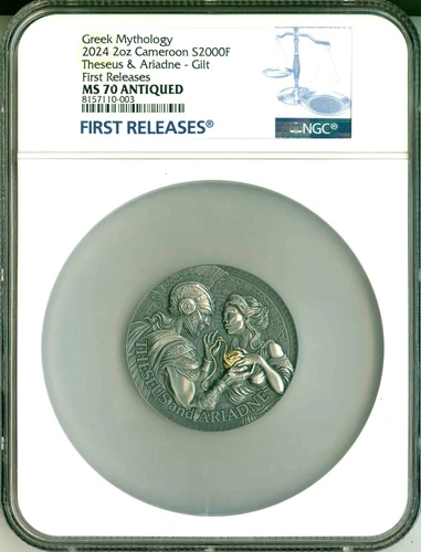 2024 Cameroon S2000F Gilt Greek Mythology Theseus & Ariadne FR NGC MS70 Antiqued