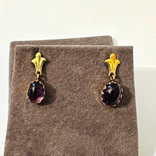 Estate 14K Yellow Gold Oval Cabochon Amethyst Drop Dangle Stud Earrings