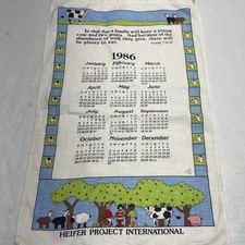 Vintage Tea Towel 1986 Calendar Isaiah 7 Fabric Linen Cows Heifer Farm Children