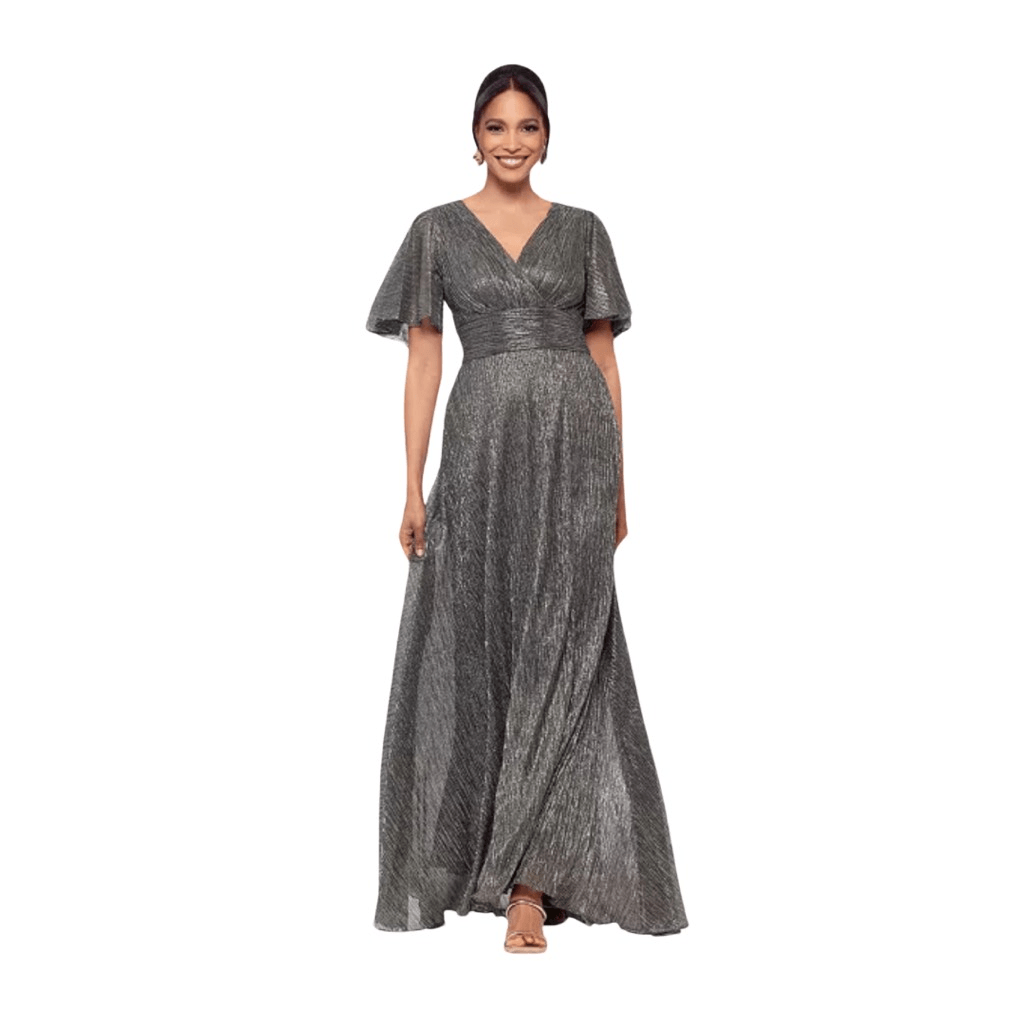 Betsy & Adam Metallic Gown Silver Black Flutter Sleeve V-Neck Formal 8 NWOT