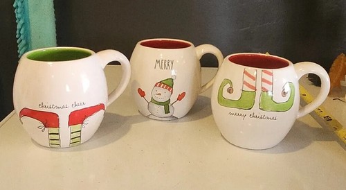 Lot of 3 Rae Dunn Magenta XMAS 2 ELF Feet and 1 snow man Coffee Mugs