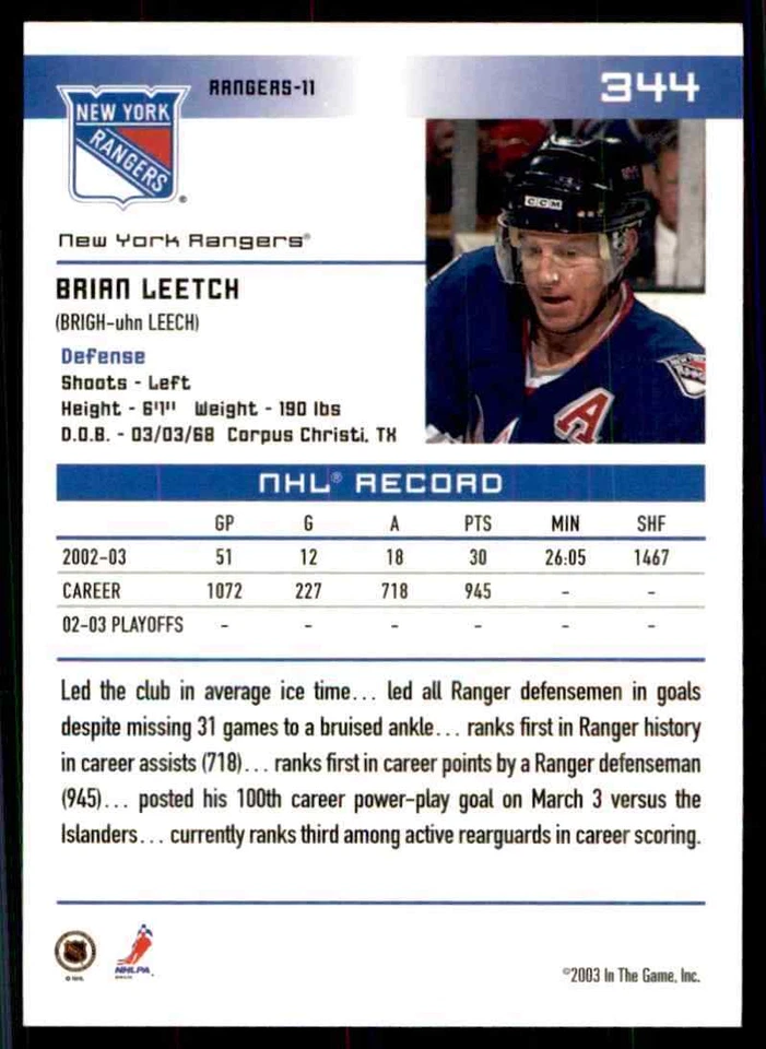 2003-04 In The Game Action Brian Leetch #344 - Image 2 of 2