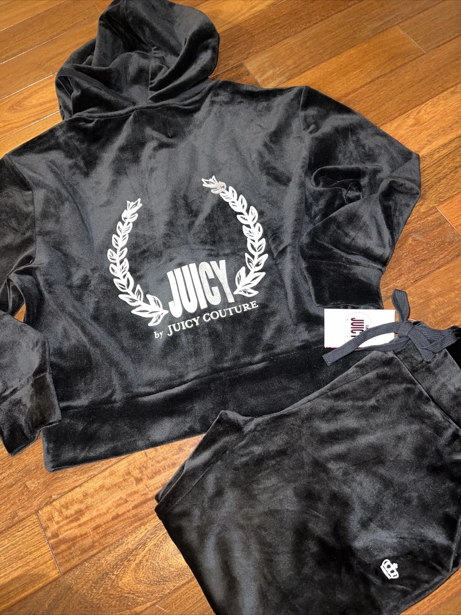 Juicy Couture XSMALL Pitch Black Back Logo Velour Tracksuit Set Hoodie N  Pants