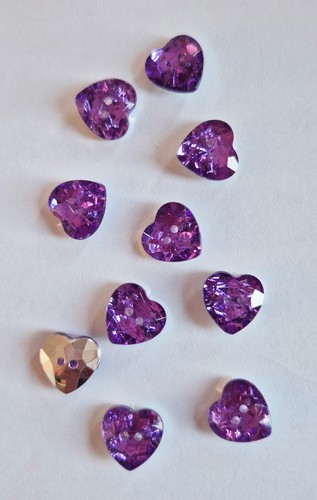 10 X Purple Heart shaped Crystal Diamante faceted Buttons 12 mm