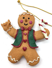 Gingerbread Man Hand Painted Resin Christmas Ornament Gold Cord Hanger NEW