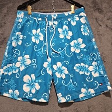 Tommy Hilfiger Mens L Board Shorts Swim Trunks Lined Blue Floral Hawaiian Print