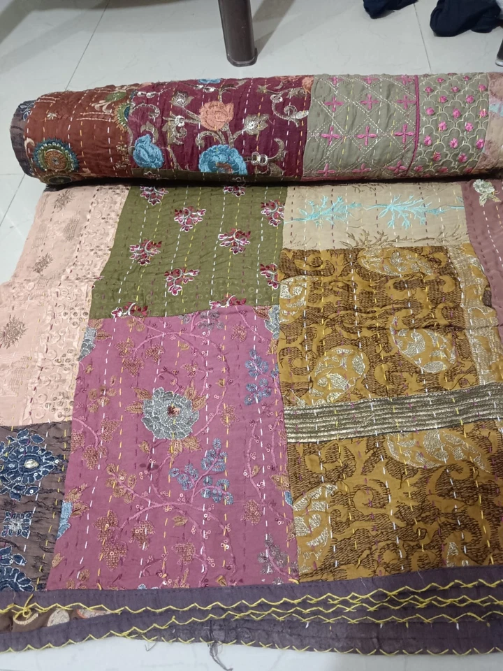 Colcha bordada pesada tiro indio tamaño king Kantha manta edredón algodón Foto 3 de 4