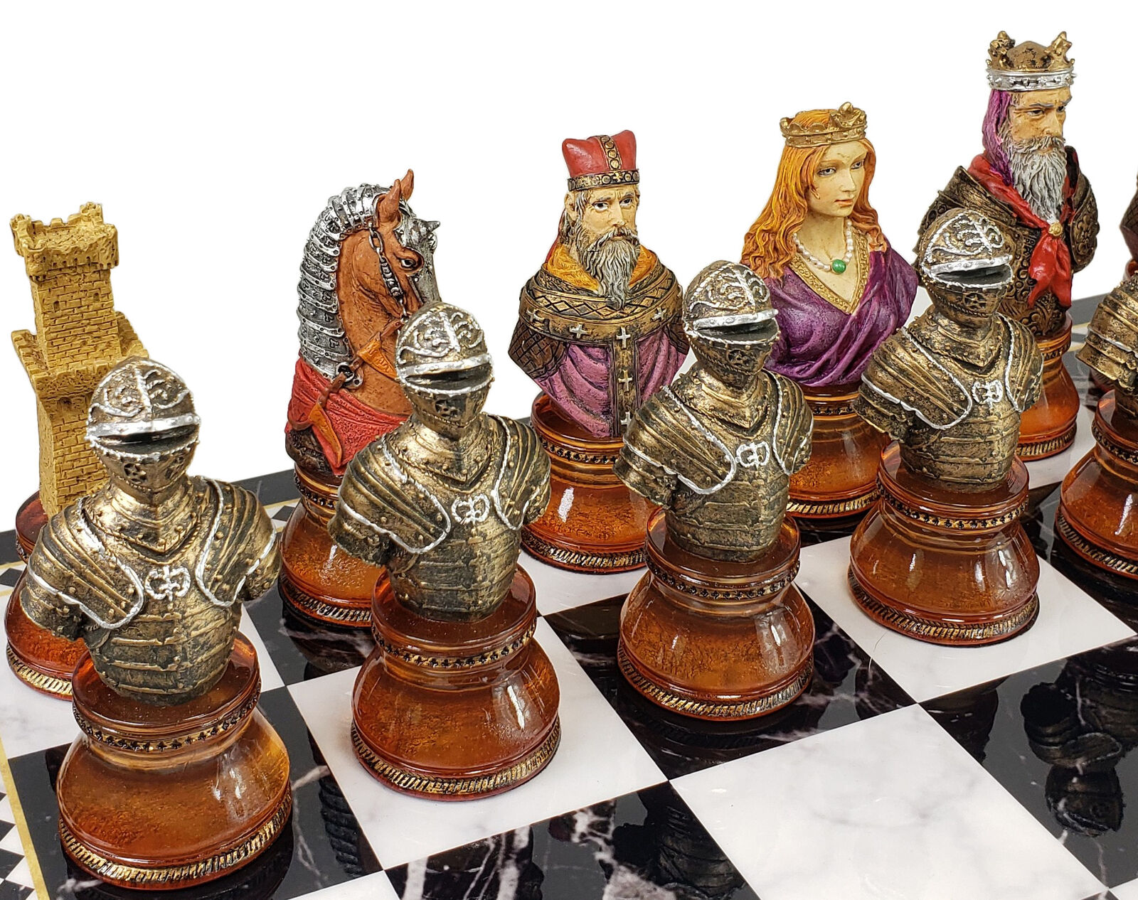 Medieval Times Crusades Pewter METAL Chess Set 16 Black & Red Faux Marble  Board