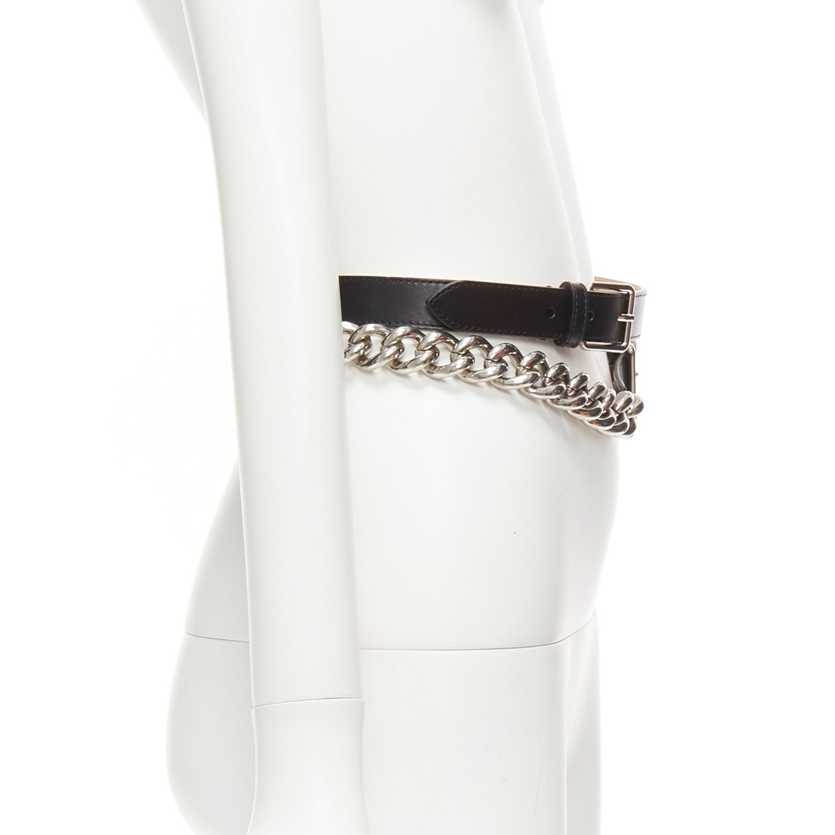 ALEXANDER MCQUEEN black leather silver chunky metal chain ALEXANDER MCQUEEN black leather silver chunky metal chain