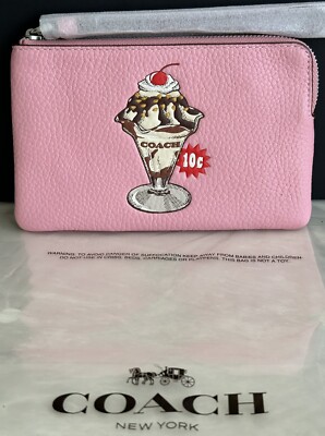 NWT COACH ICE CREAM SUNDAE BUBBLE GUM PINK LEATHER CORNER ZIP