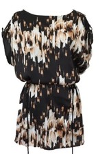 DEREK LAM Cinch Waist Dress SILKY SATIN Black Bronze Brown WATERCOLOR PRINT sz L