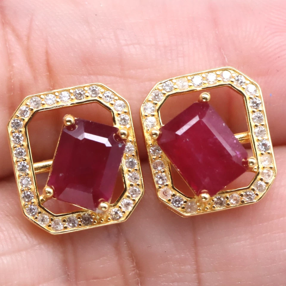 925 Sterling Silver 7 x 9 MM. Red Ruby, Cubic Zirconia Made in Thailand Earrings - Image 2 of 4