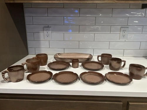 Frankoma Pottery Brown Satin Plainsman Lot Mugs Plates Tray