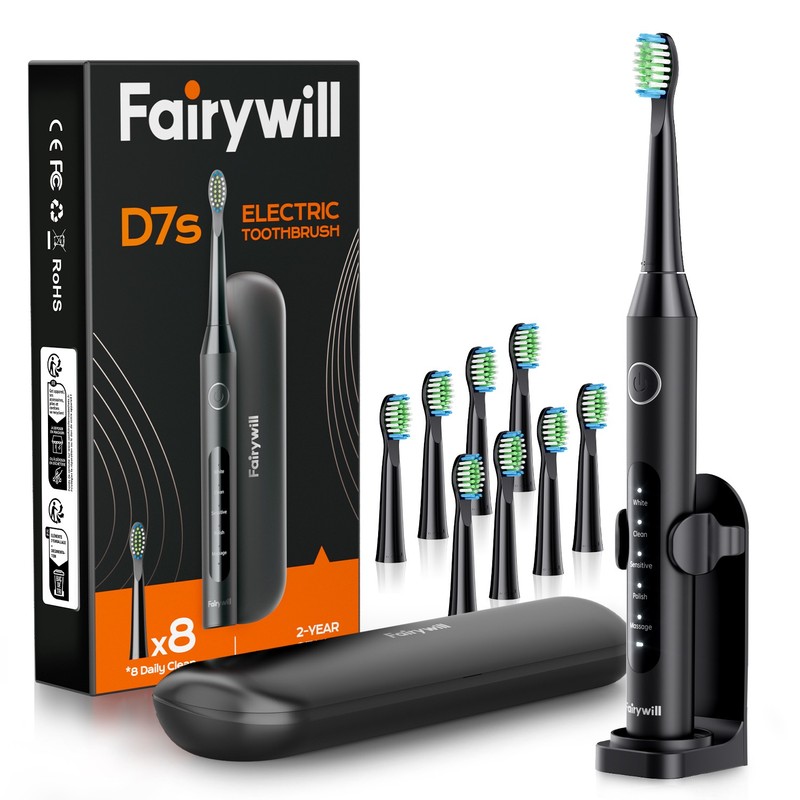 Fairywill Sonic Rechargeable Electric Toothbrush 8 Brush Head 5 Mode Travel Case