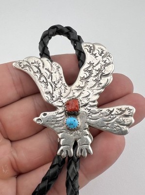 Vtg Navajo Sandcast Sterling Silver Turquoise Coral Flying Eagle Bolo Tie 2.25''