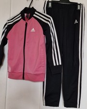 Adidas Girls Pink Black Tracksuit Set Jacket Joggers Activewear Age 6-7 Years