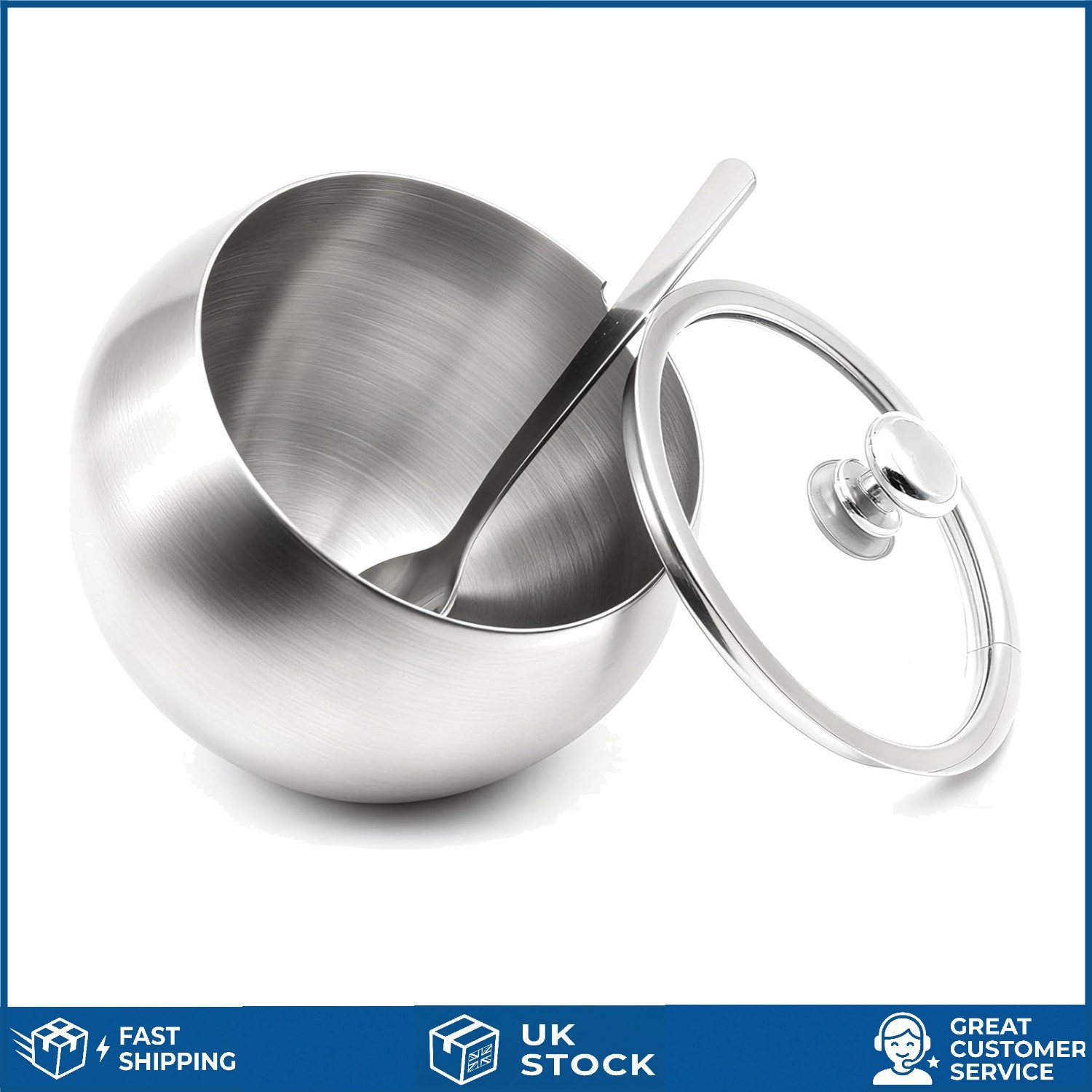Elegant Stainless Steel Sugar Bowl with Glass Lid and Spoon 300ml 10.5oz 1pc
