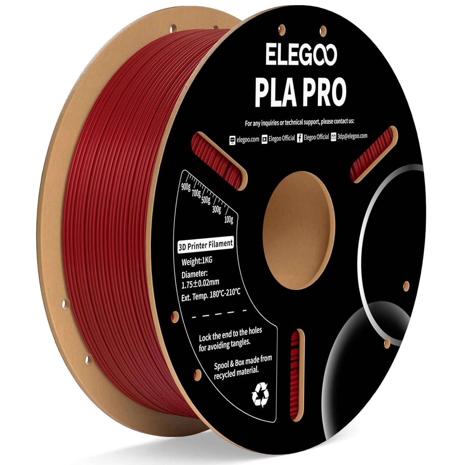 ELEGOO PLA PRO Filament 1,75 mm Burgunderrot 1 kg, leicht bis 1 kg 