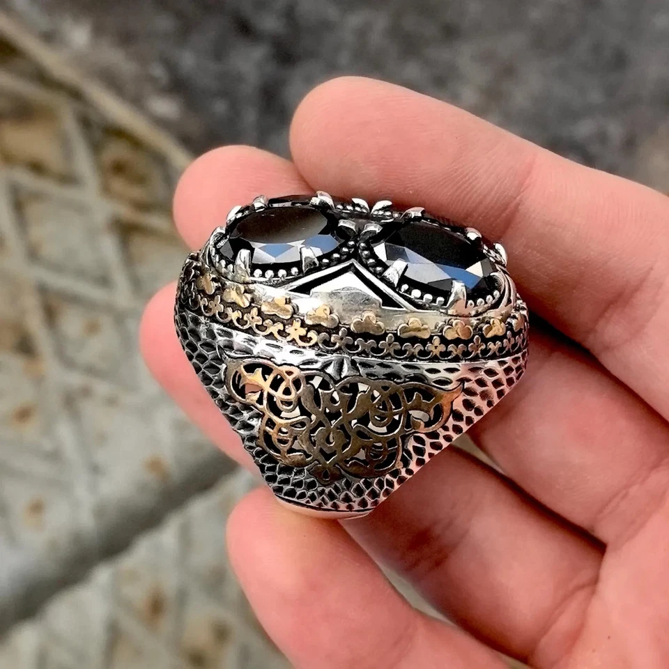Anillo grande de ónix negro para hombre de plata de ley 925, anillo grande de plata estilo otomano, Foto 2 de 4