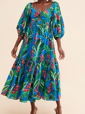 🌸 Anthropologie Farm Rio Dream Garden Blue Floral Midi Dress Size Small NEW NWT