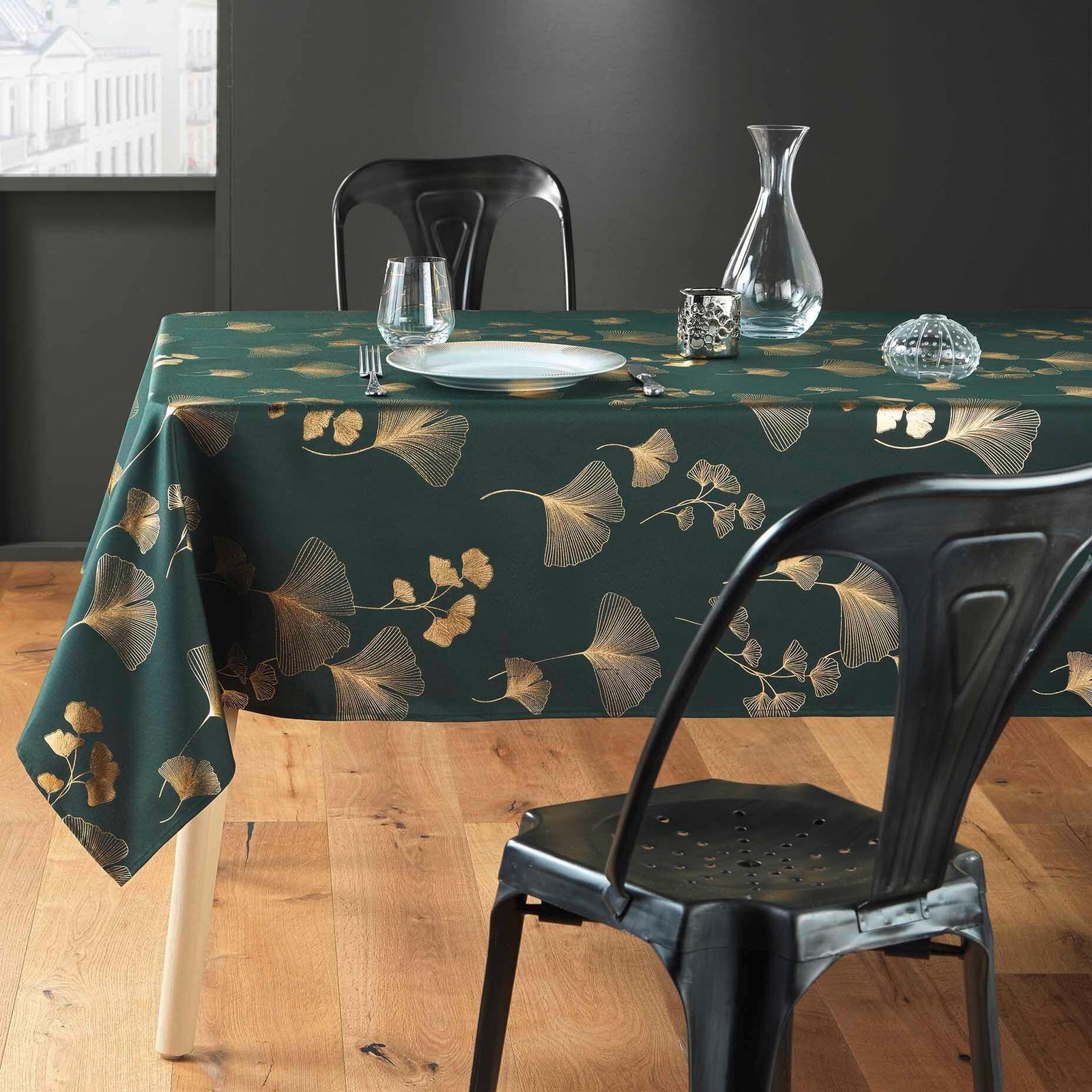 Nappe de table Bloomy vert et or pour repas de fête en famille 3m