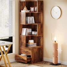 5-Tier Corner Bookshelf with 2 Drawers, 66.9-Inch Tall Corner Bookcase Shelf