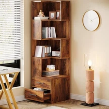 5-Tier Corner Bookshelf with 2 Drawers, 66.9-Inch Tall Corner Bookcase Shelf