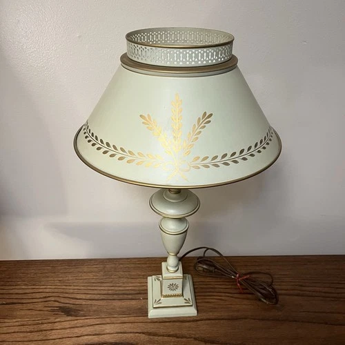 Vtg Toleware Metal Table Lamp Sage Green W/ Milk Glass Diffuser Gold Detail 20”