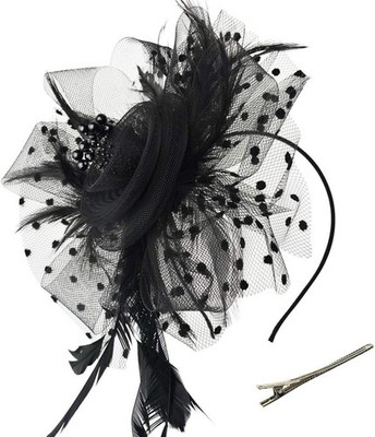 DRESHOW Black Fascinator Hat Feather Mesh Tea Party Headband Clip