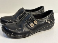Clark  s Ashland Leta Black Leather Walking Cushioned Slip On Loafers Size 6.5