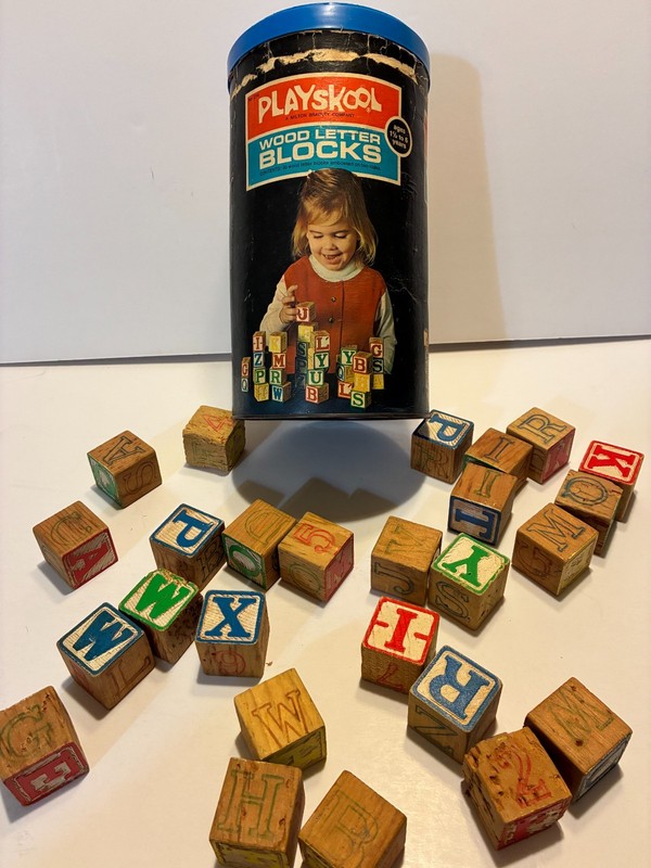 Vintage 1972 Milton Bradley Playskool Wooden Blocks Set with Original Container